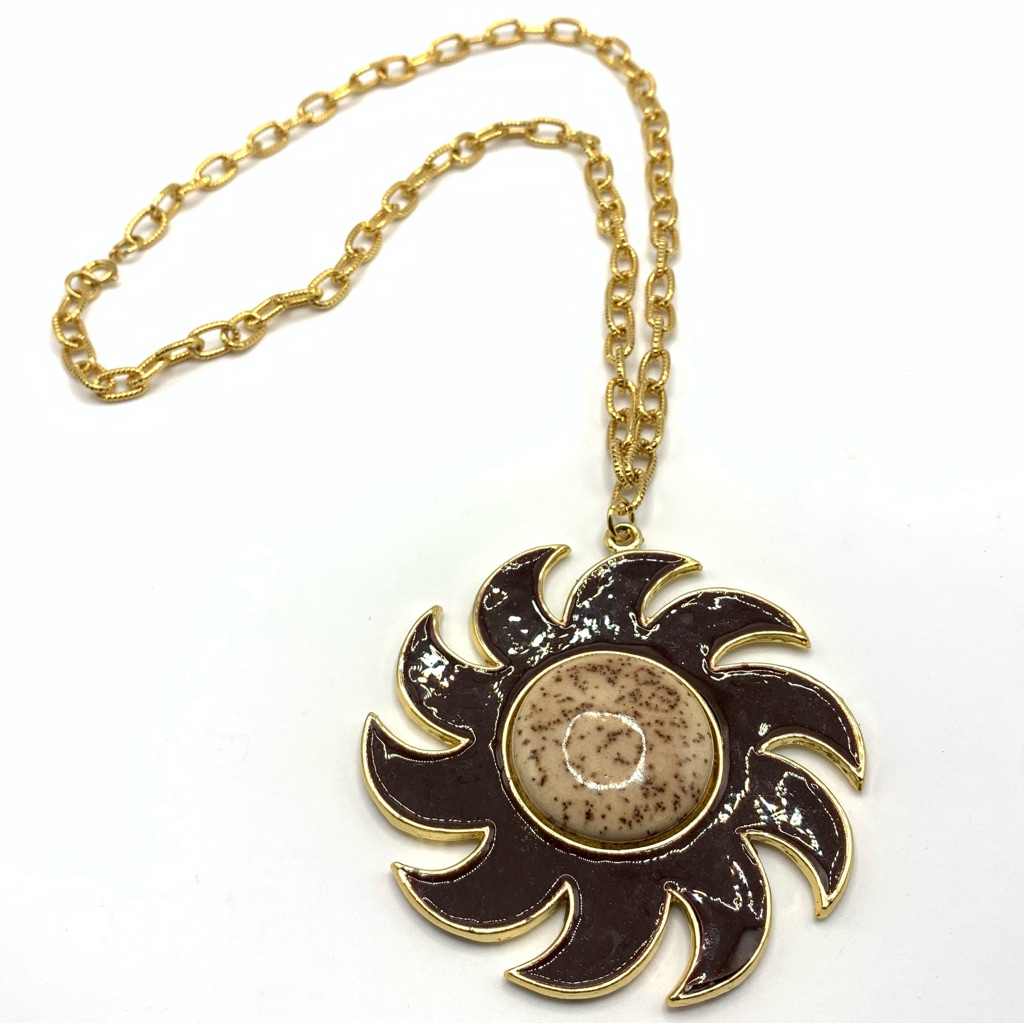 Vintage Signed Celebrity Brown Enamel And Gold Pendant Necklace 35$